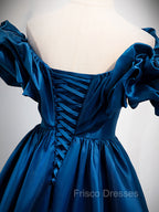 A-Line Off Shoulder Satin Blue Long Formal Prom Dress, Blue Evening Dress