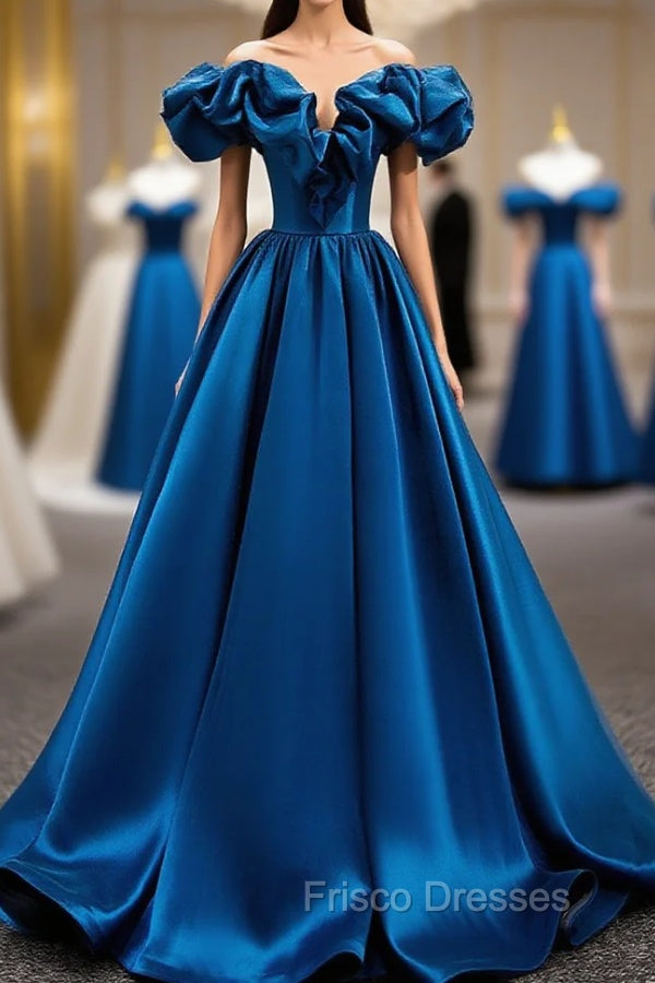 A-Line Off Shoulder Satin Blue Long Formal Prom Dress, Blue Evening Dress Main image