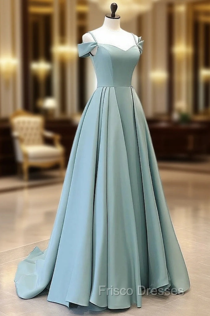 A-Line Off Shoulder Satin Blue Long Formal Prom Dress, Blue Long Evening Dress