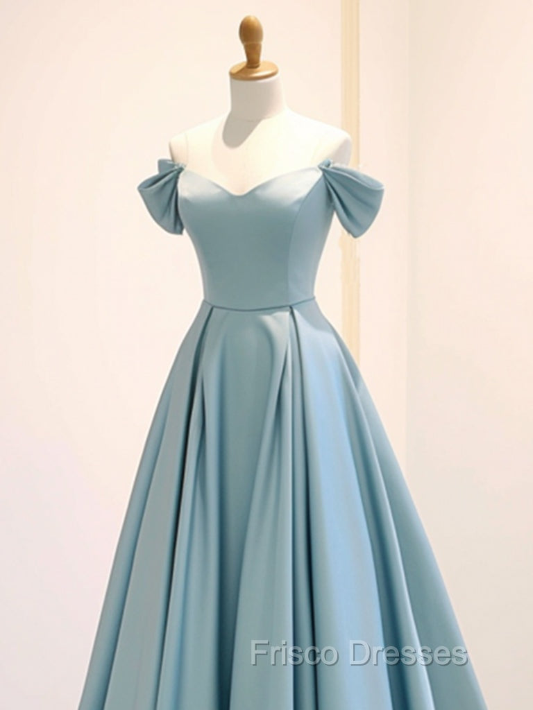 A-Line Off Shoulder Satin Blue Long Formal Prom Dress, Blue Long Formal Dress Secondary image