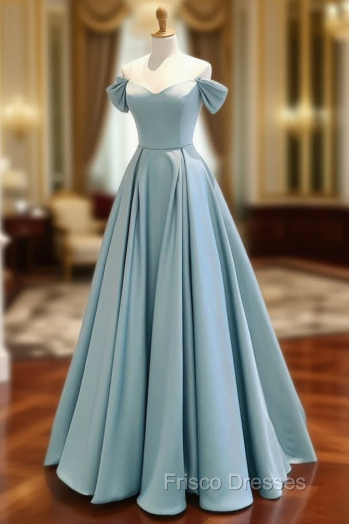 A-Line Off Shoulder Satin Blue Long Formal Prom Dress, Blue Long Formal Dress Main image