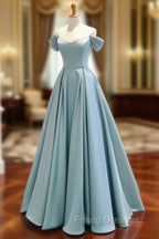 A-Line Off Shoulder Satin Blue Long Formal Prom Dress, Blue Long Formal Dress