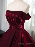A-Line Off Shoulder Satin Burgundy Long Formal Prom Dress, Burgundy Formal Dress With Beads