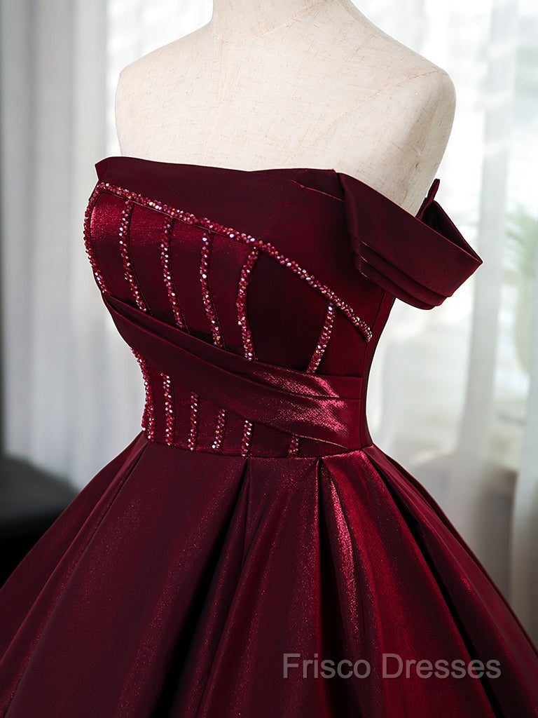 A-Line Off Shoulder Satin Burgundy Long Formal Prom Dress, Burgundy Formal Dress With Beads