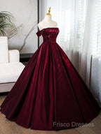 A-Line Off Shoulder Satin Burgundy Long Formal Prom Dress, Burgundy Formal Dress With Beads