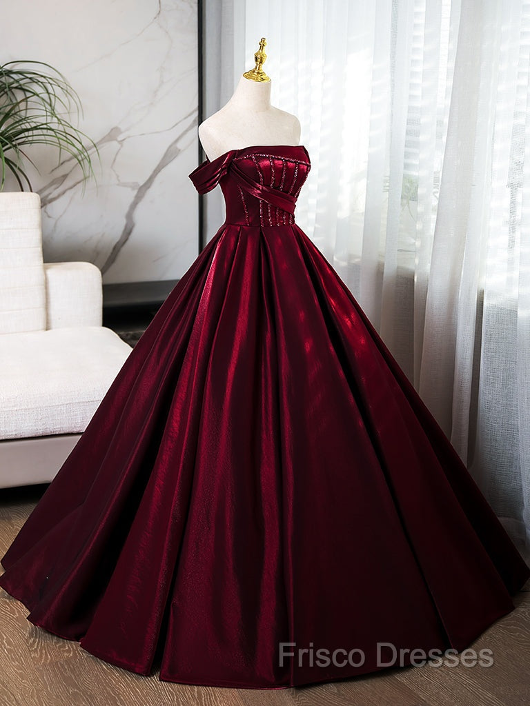 A-Line Off Shoulder Satin Burgundy Long Formal Prom Dress, Burgundy Formal Dress With Beads