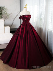 A-Line Off Shoulder Satin Burgundy Long Prom Dress, Burgundy Evening Dress With Beads