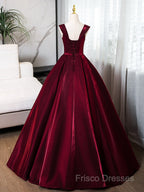 A-Line Off Shoulder Satin Burgundy Long Formal Prom Dress, Burgundy Formal Dress With Beads