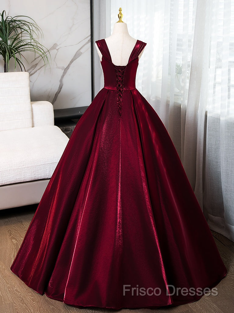 A-Line Off Shoulder Satin Burgundy Long Formal Prom Dress, Burgundy Formal Dress With Beads