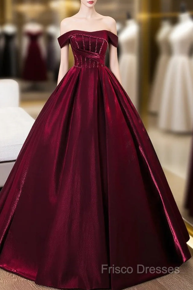 A-Line Off Shoulder Satin Burgundy Long Formal Prom Dress, Burgundy Formal Dress With Beads Main image