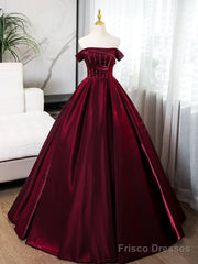 A-Line Off Shoulder Satin Burgundy Long Prom Dress, Burgundy Evening Dress With Beads