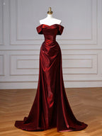 A-Line Off Shoulder Satin. Burgundy Long Prom Dress, Burgundy Long Evening Dress