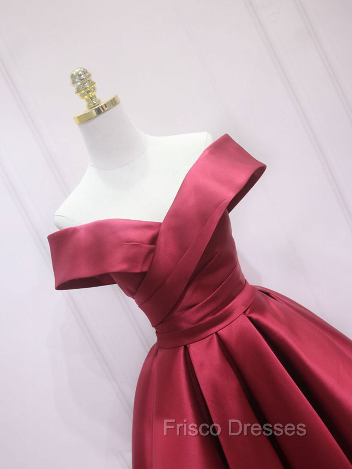 A-Line Off Shoulder Satin Burgundy Short Formal Prom Dress, Burgundy Homecoming Dress Secondary image