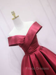 A-Line Off Shoulder Satin Burgundy Short Formal Prom Dress, Burgundy Homecoming Dress