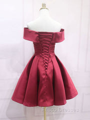 A-Line Off Shoulder Satin Burgundy Short Formal Prom Dress, Burgundy Homecoming Dress
