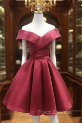 A-Line Off Shoulder Satin Burgundy Short Formal Prom Dress, Burgundy Homecoming Dress