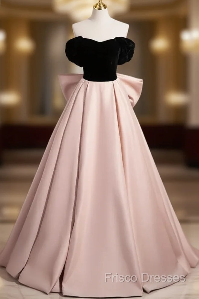 A-Line Off Shoulder Satin Champagne Long Formal Prom Dress, Champagne Long Formal Dress Main image