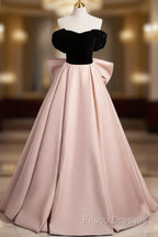 A-Line Off Shoulder Satin Champagne Long Formal Prom Dress, Champagne Long Formal Dress