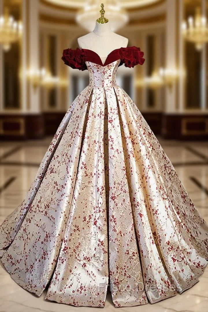 A-Line Off Shoulder Satin Champagne Long Formal Prom Dress, Champagne Long Formal Dress