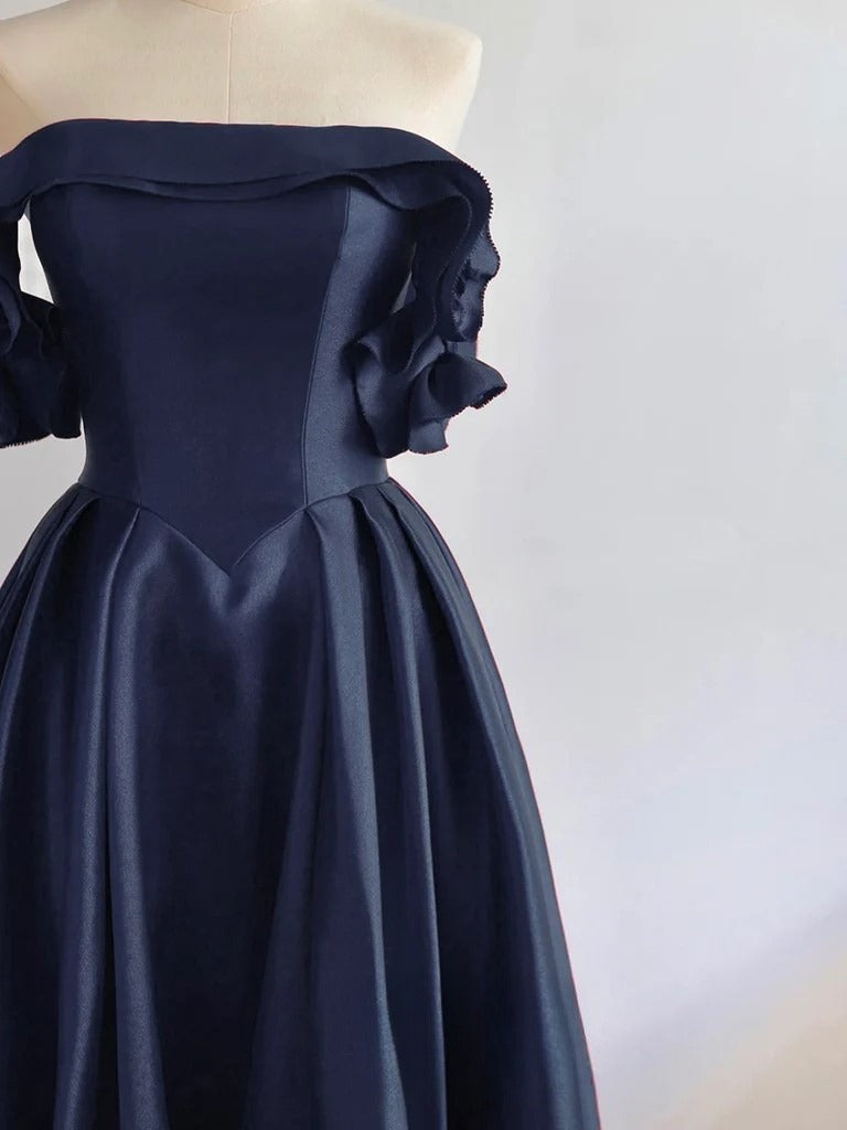 A-Line Off Shoulder Satin Dark Blue Long Prom Dress, Dark Blue Long Formal Dress Secondary image