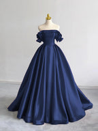 A-Line Off Shoulder Satin Dark Blue Long Prom Dress, Dark Blue Long Formal Dress
