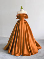 A-Line Off Shoulder Satin Dark Blue Long Prom Dress, Dark Blue Long Formal Dress