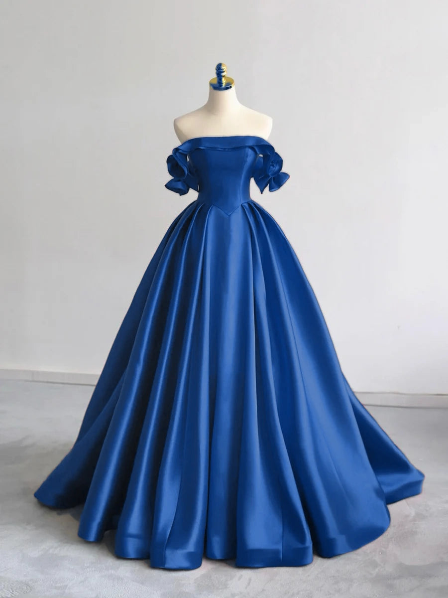 A-Line Off Shoulder Satin Dark Blue Long Prom Dress, Dark Blue Long Formal Dress