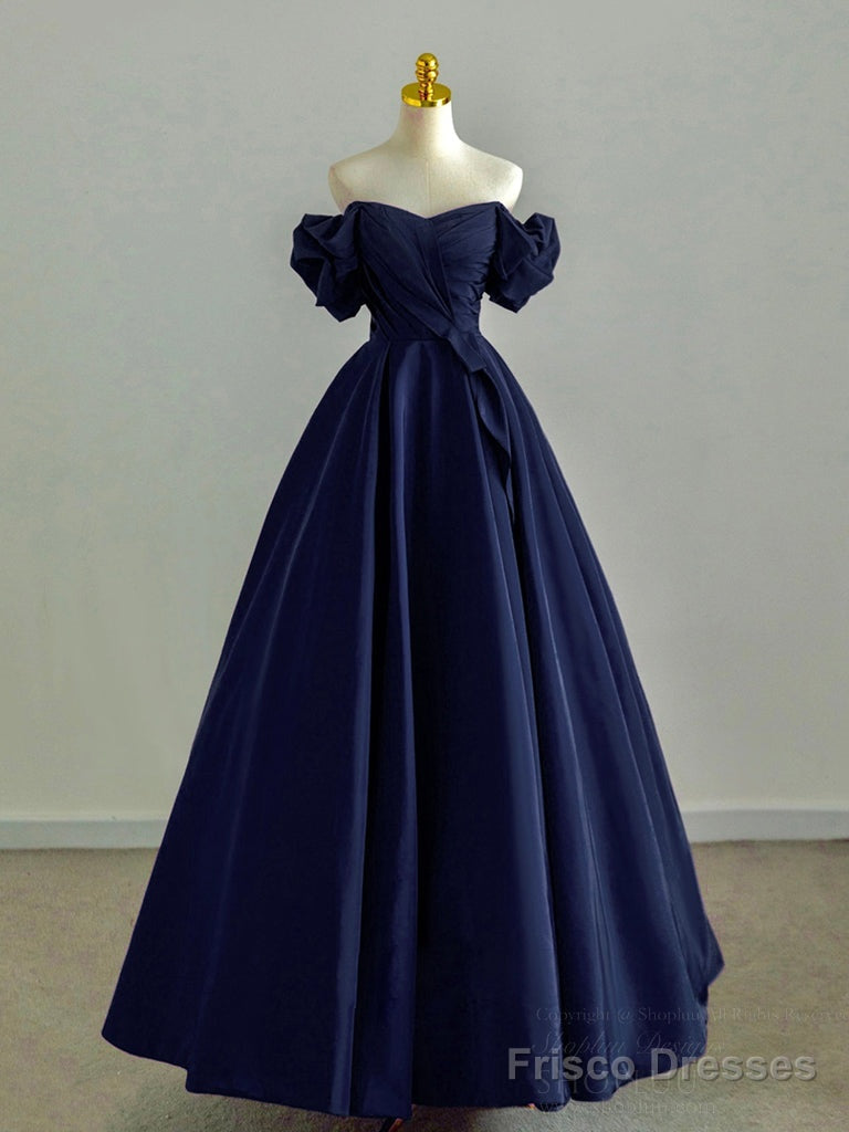 A-Line Off Shoulder Satin Dark Blue Long Prom Dress, Dark Blue Long Formal Dress Main image