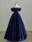 A-Line Off Shoulder Satin Dark Blue Long Prom Dress, Dark Blue Long Formal Dress