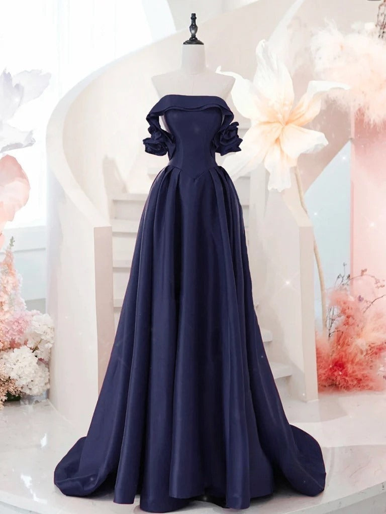 A-Line Off Shoulder Satin Dark Blue Long Prom Dress, Dark Blue Long Formal Dress Main image
