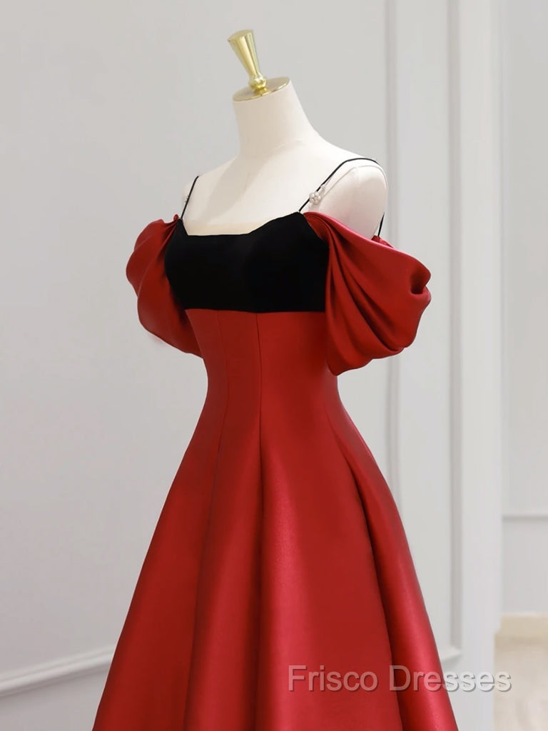 A-Line Off Shoulder Satin Dark Red Long Formal Prom Dress, Red Long Formal Dress