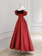 A-Line Off Shoulder Satin Dark Red Long Formal Prom Dress, Red Long Formal Dress