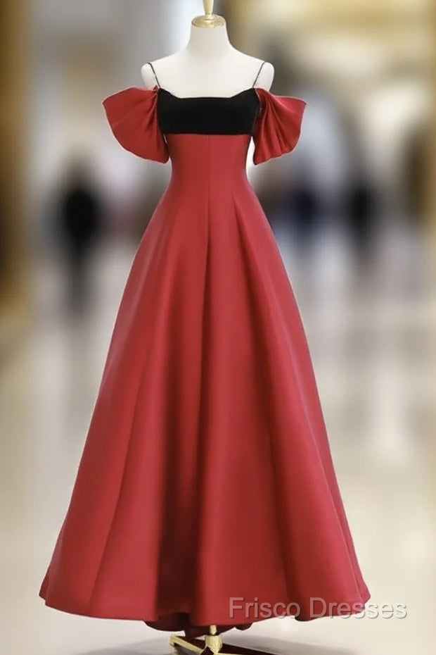 A-Line Off Shoulder Satin Dark Red Long Formal Prom Dress, Red Long Formal Dress Main image