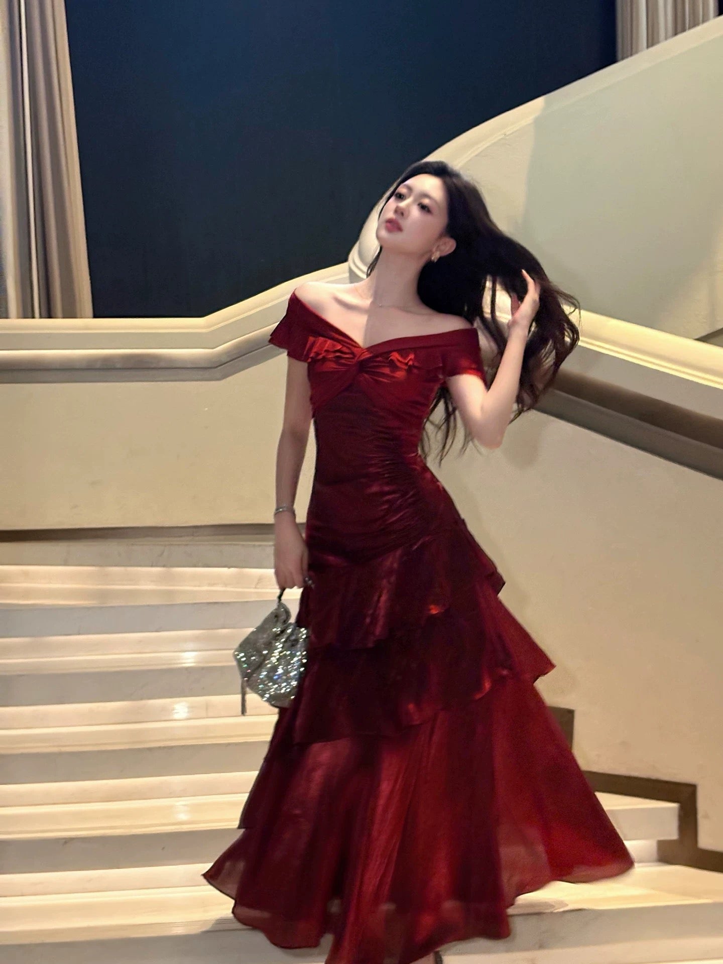 A-Line Off Shoulder Satin Floor Length Burgundy Prom Dress
