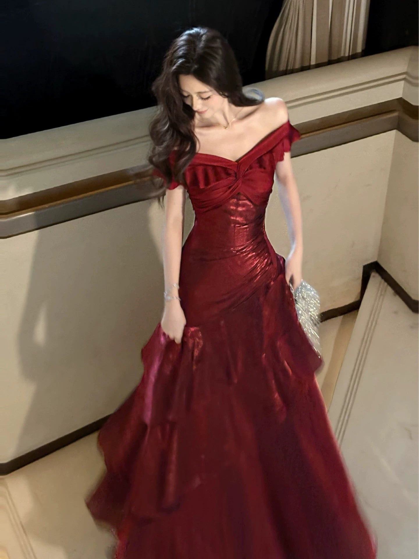 A-Line Off Shoulder Satin Floor Length Burgundy Prom Dress