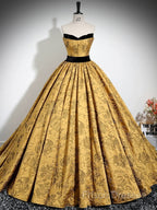 A-Line Off Shoulder Satin Gold Long Formal Prom Dress, Gold Long Formal Dress
