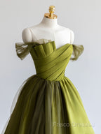 A-Line Off Shoulder Satin Green Long Formal Prom Dress, Green Formal Dress