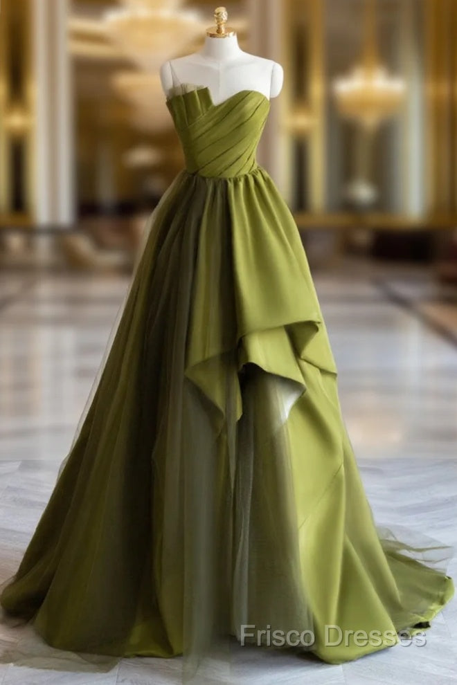 A-Line Off Shoulder Satin Green Long Formal Prom Dress, Green Formal Dress