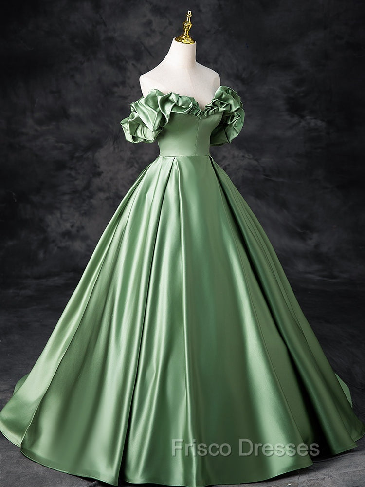 A-Line Off Shoulder Satin Green Long Formal Prom Dress, Green Long Formal Dress Secondary image