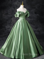 A-Line Off Shoulder Satin Green Long Formal Prom Dress, Green Long Formal Dress