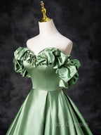 A-Line Off Shoulder Satin Green Long Formal Prom Dress, Green Long Formal Dress