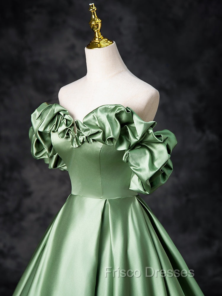 A-Line Off Shoulder Satin Green Long Formal Prom Dress, Green Long Formal Dress