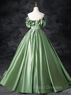 A-Line Off Shoulder Satin Green Long Formal Prom Dress, Green Long Formal Dress