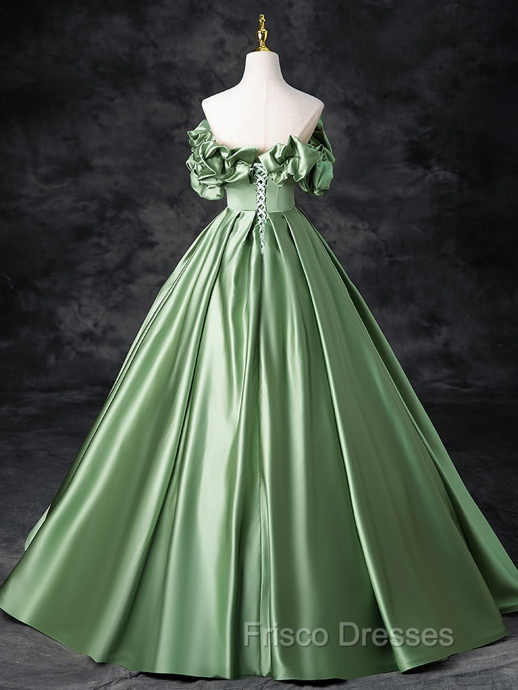 A-Line Off Shoulder Satin Green Long Formal Prom Dress, Green Long Formal Dress
