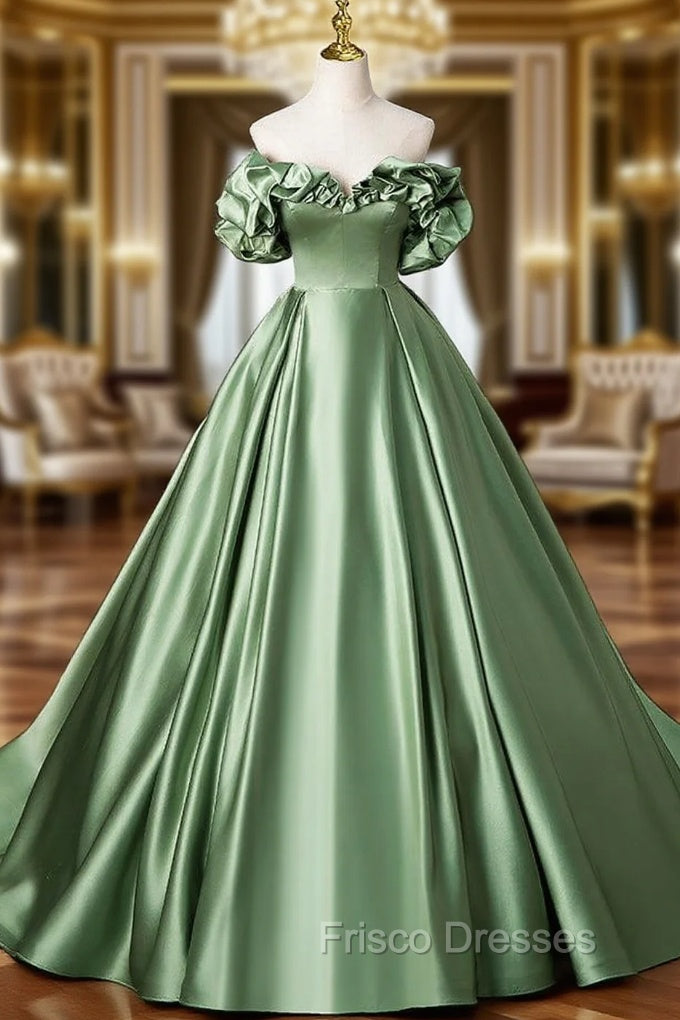 A-Line Off Shoulder Satin Green Long Formal Prom Dress, Green Long Formal Dress Main image