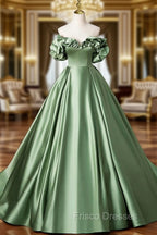 A-Line Off Shoulder Satin Green Long Formal Prom Dress, Green Long Formal Dress