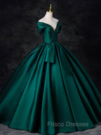 A-Line Off Shoulder Satin Green Long Formal Prom Dress, Green Long Formal Dress