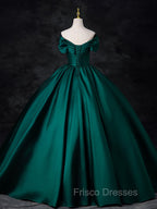 A-Line Off Shoulder Satin Green Long Formal Prom Dress, Green Long Formal Dress