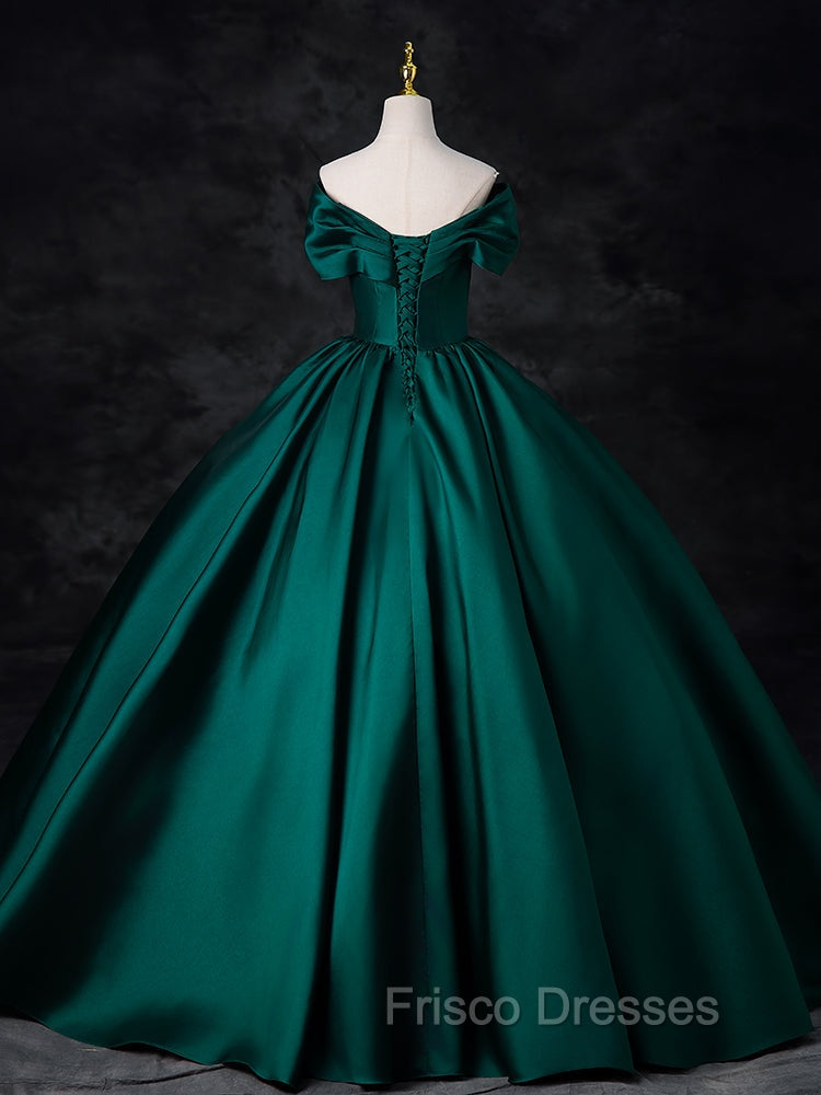 A-Line Off Shoulder Satin Green Long Formal Prom Dress, Green Long Formal Dress
