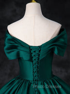 A-Line Off Shoulder Satin Green Long Formal Prom Dress, Green Long Formal Dress